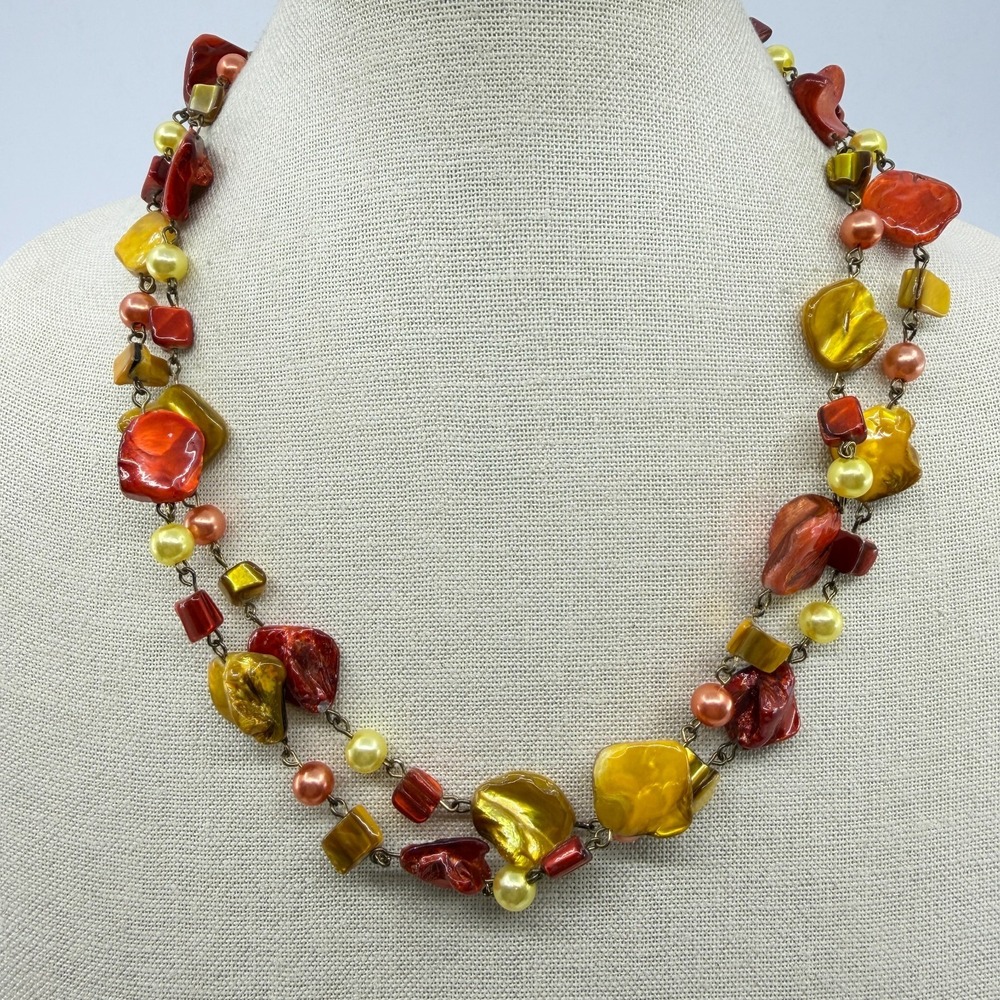 Warm Sunset Beaded Layering Necklace Red Gold Tone Statement Festival Jewelry
